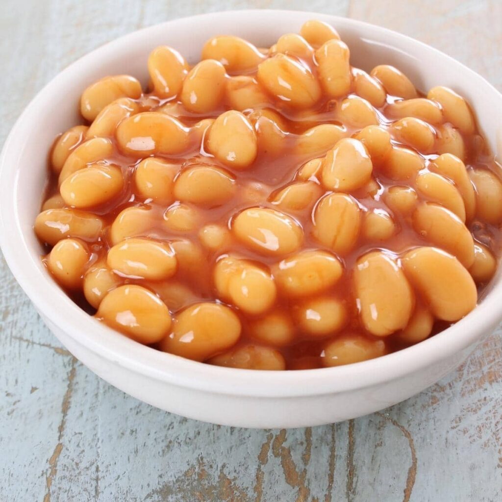 Canned baked beans in a tomato sauce are a must-have.