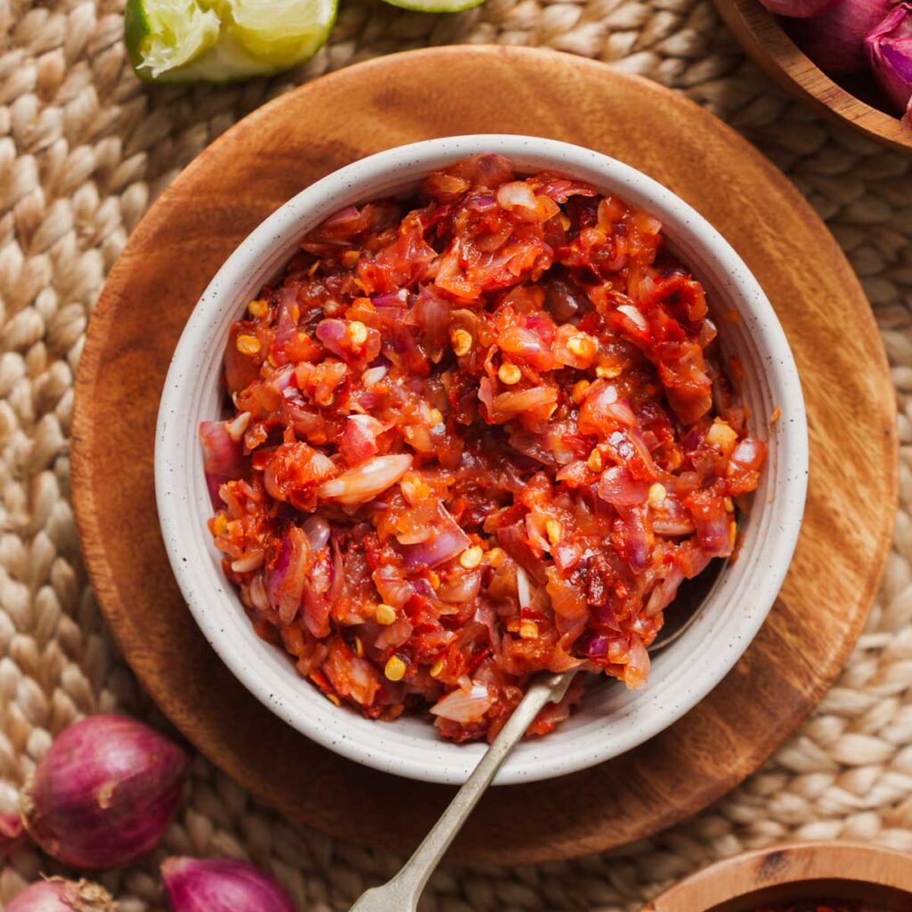 A simple, yet potent relish of pounded red onions and chili. This is the classic accompaniment for Kiribath.